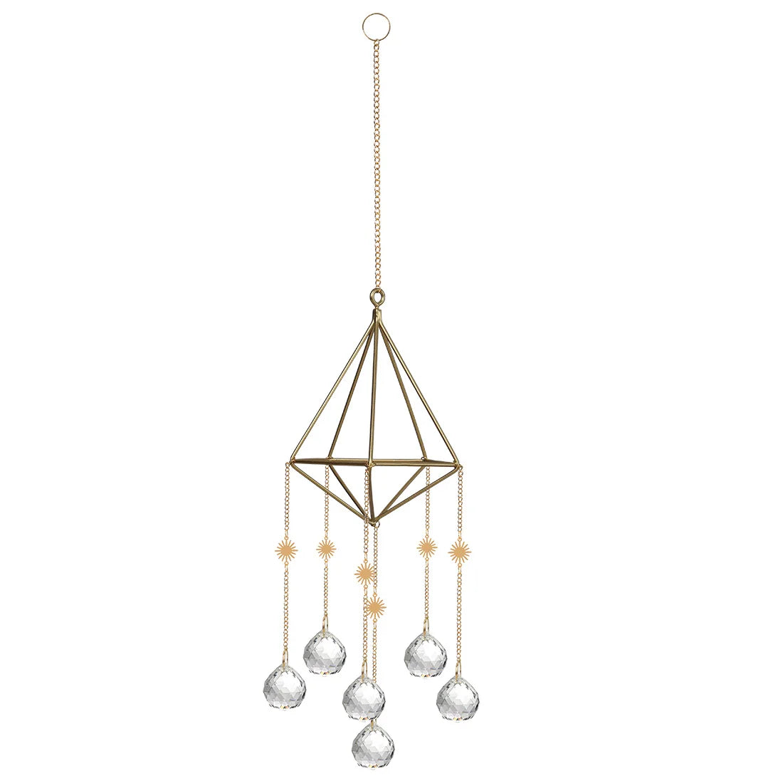 Decorative hanging chandelier with geometric design and crystal-like elements on a white background