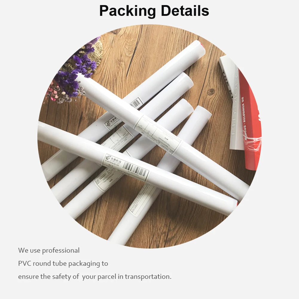 White PVC round tubes on a wooden surface with text about packaging details.