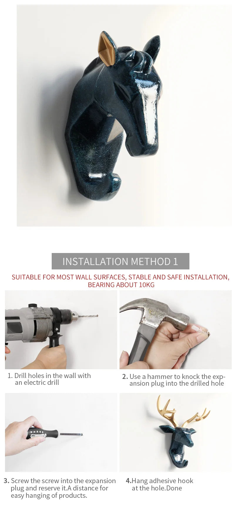 Instructions for installing a decorative horse head wall mount with tools and steps.