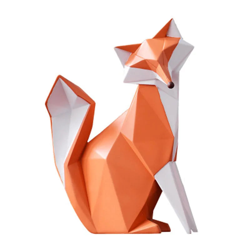 Geometric fox sculpture with orange and white colors on a white background