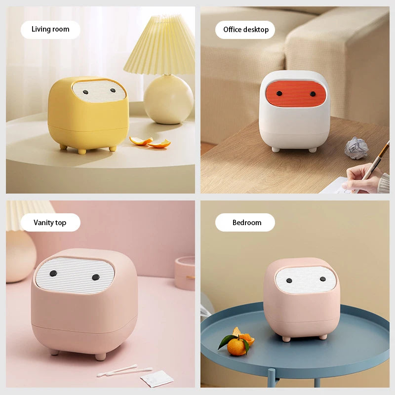 Four different settings with a cute, round, multicolored device on a table.