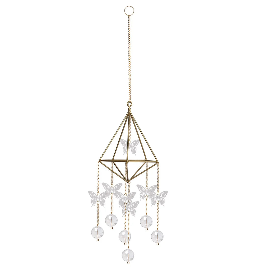 Decorative hanging chandelier with geometric design and butterfly elements on a white background