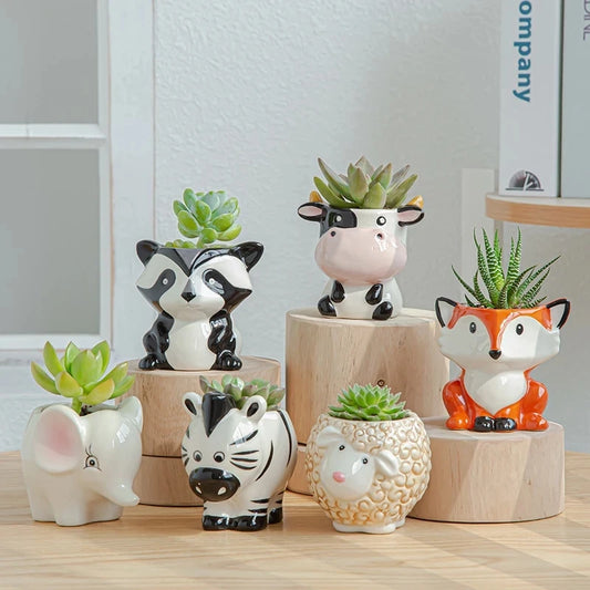 Set of 6 Nordic ceramic animal mini flower pots with succulents