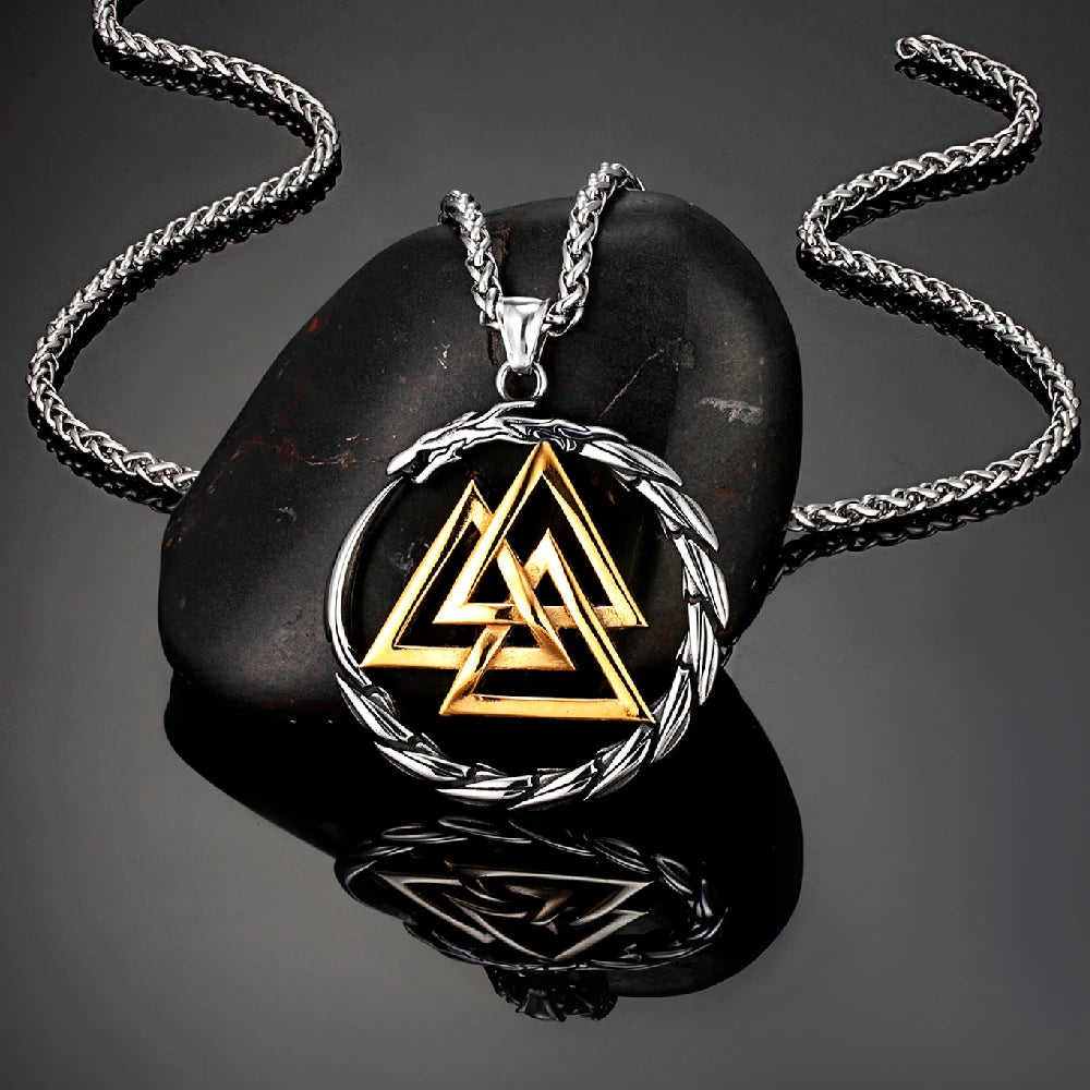 Gold Viking rune pendant necklace with triangular Nordic symbol on stainless steel chain