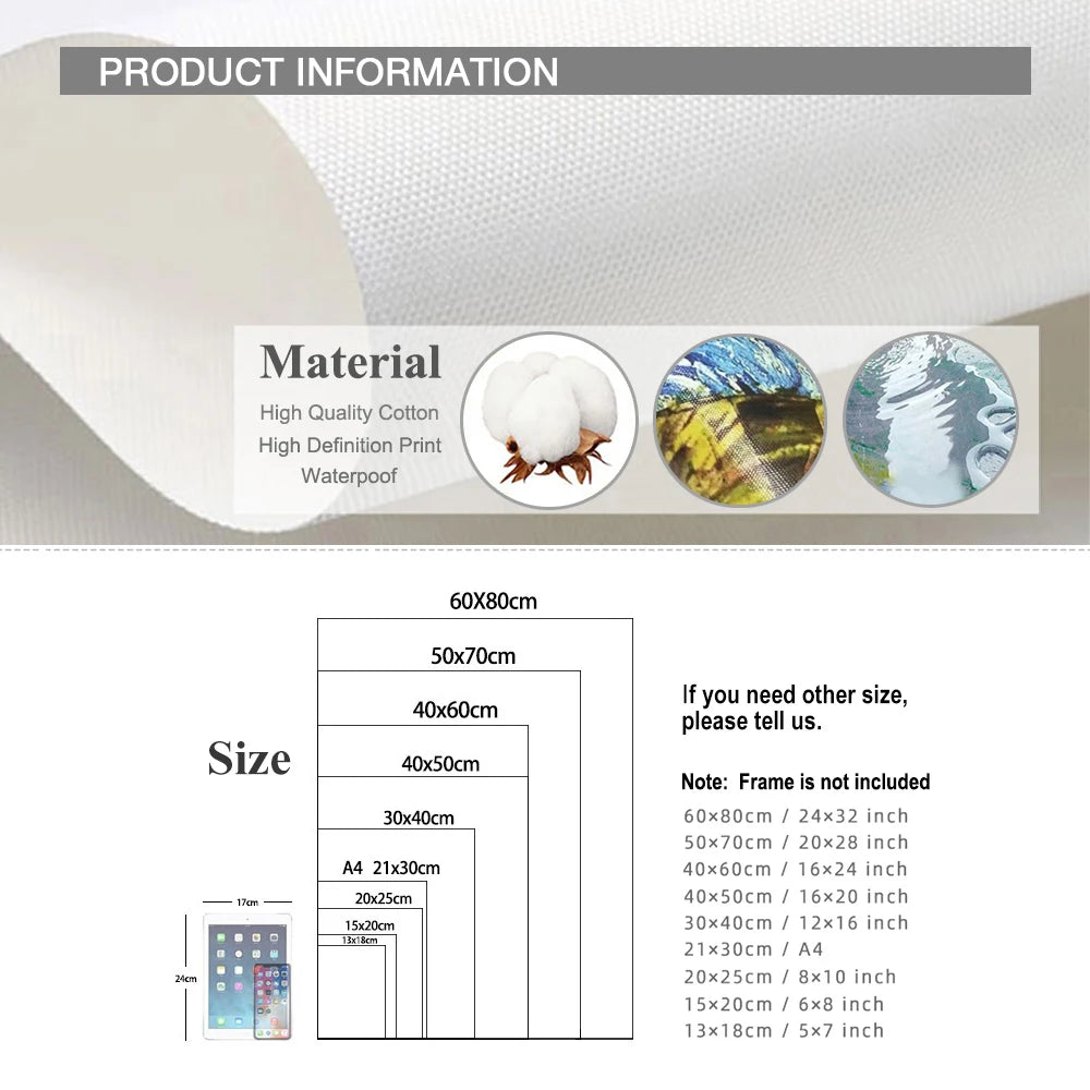 Product information sheet with material details and size chart on a white background