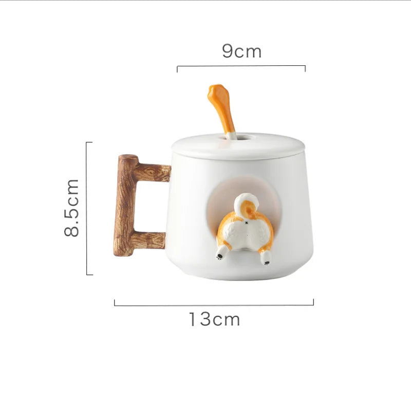 Cute 3D Shiba Inu dog ceramic mug with lid and spoon