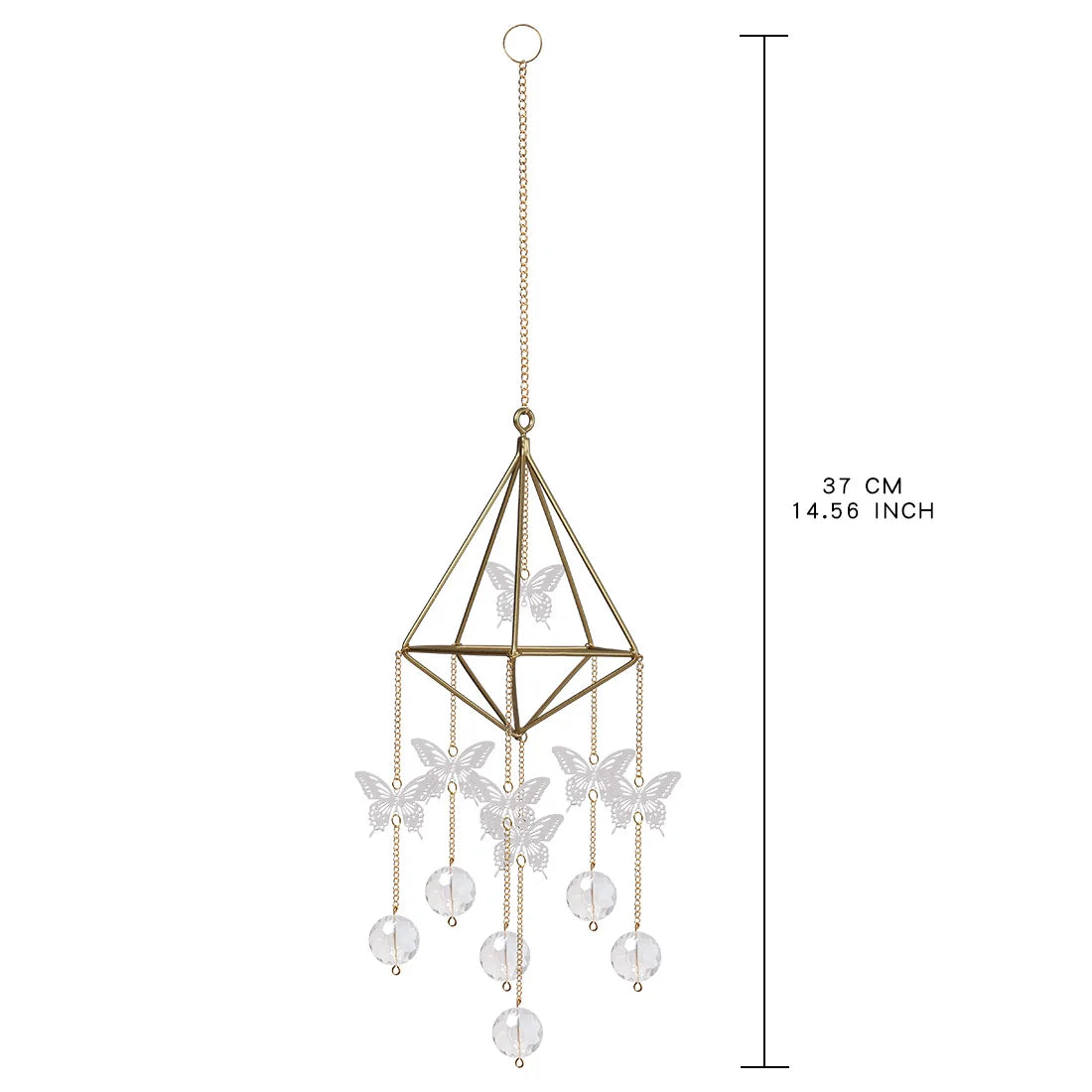 Decorative hanging chandelier with butterflies and beads, shown with a measurement label on a white background.