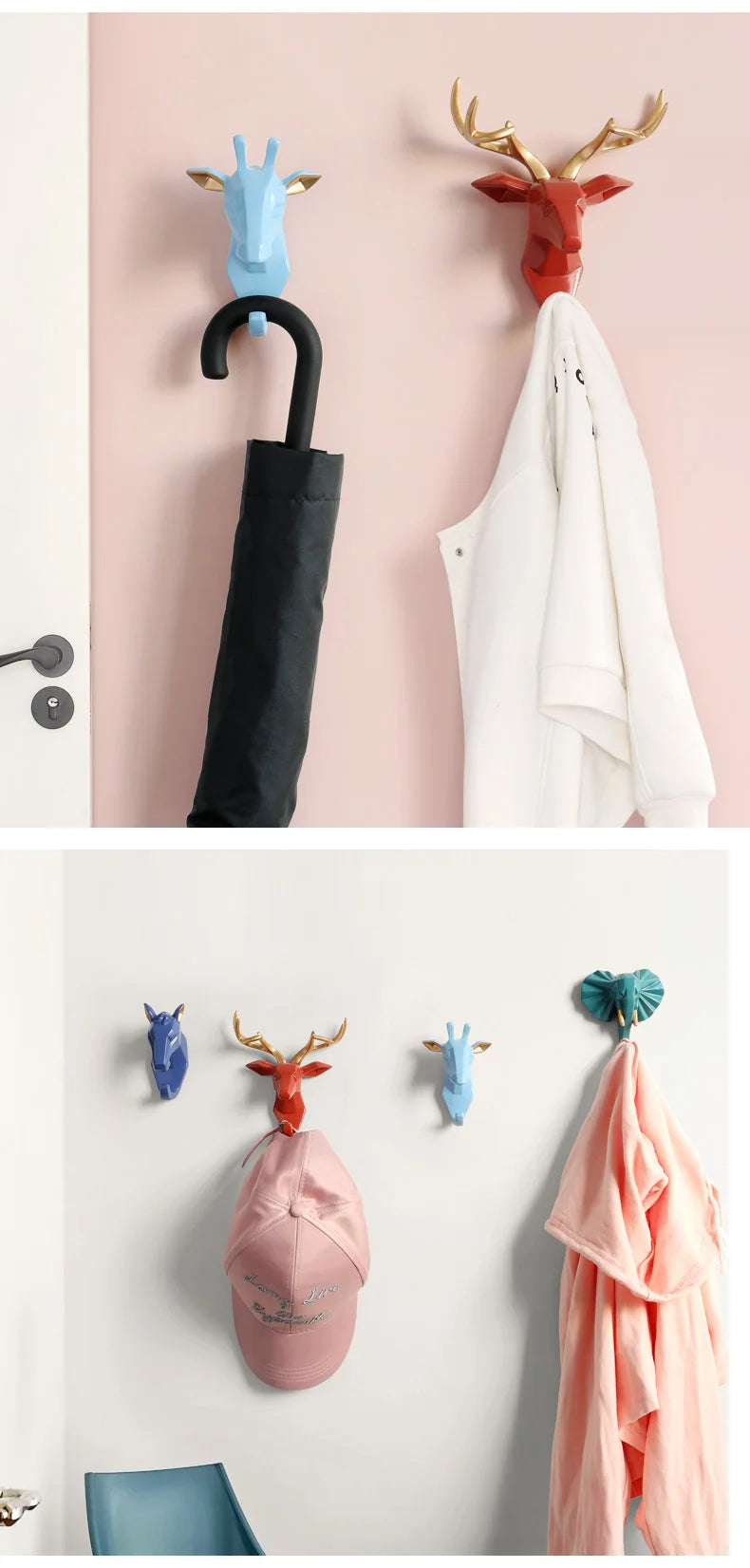 Decorative animal-shaped hooks on a wall with various items attached.