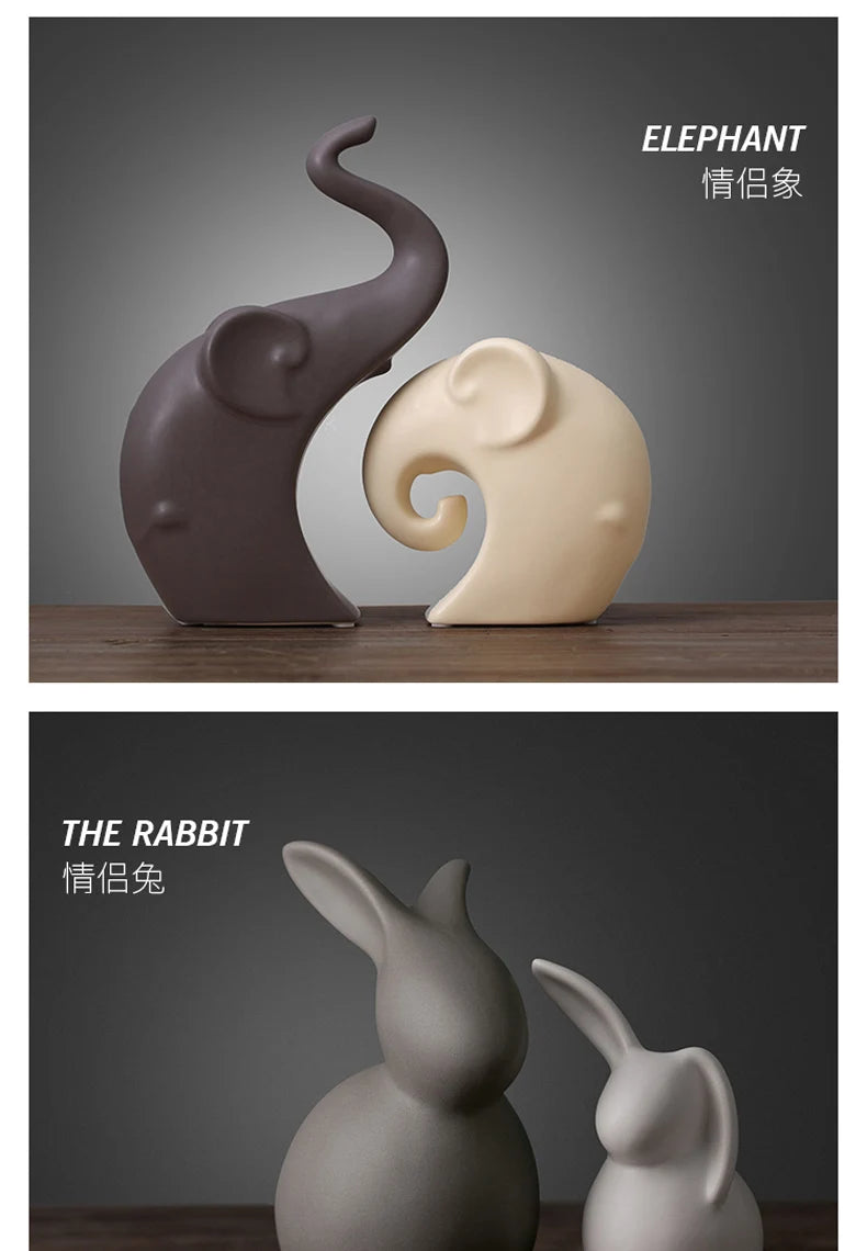 Two ceramic elephant figurines on a dark background with 'ELEPHANT' text.