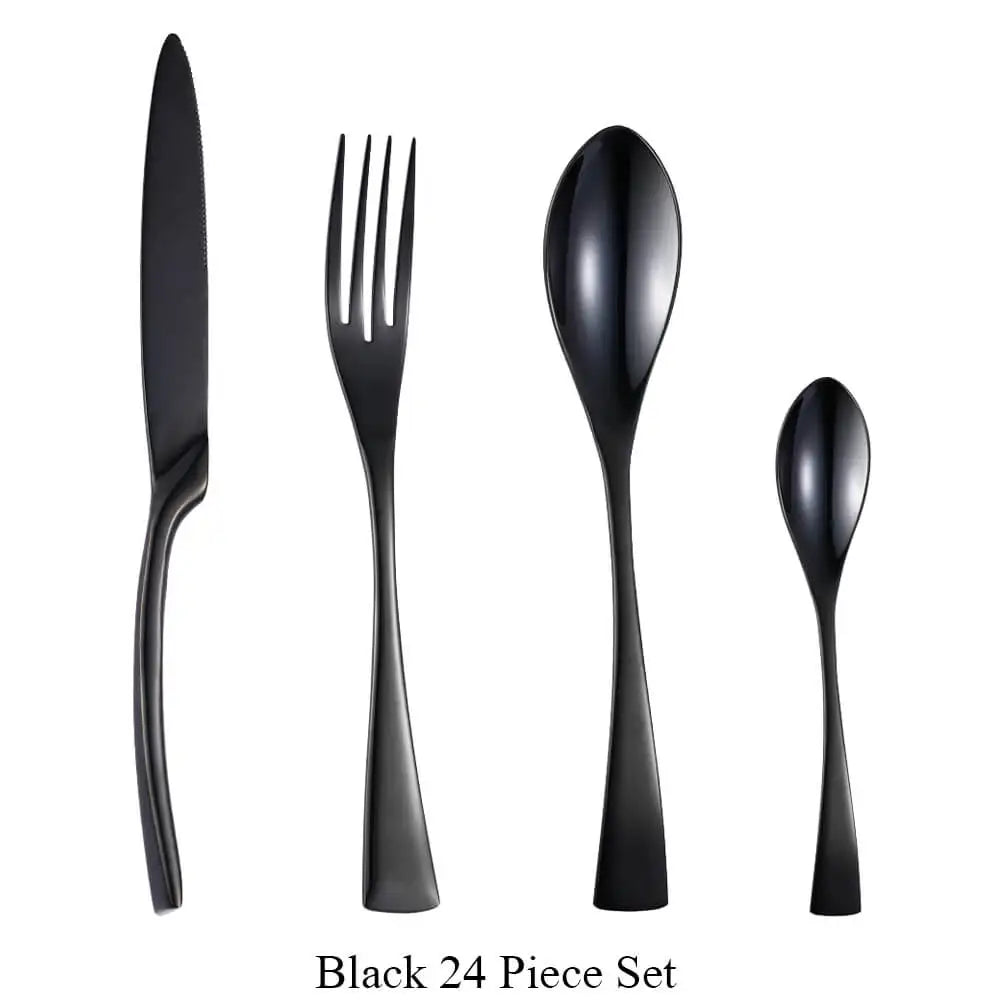Black cutlery set including knife, fork, and two spoons on a white background.