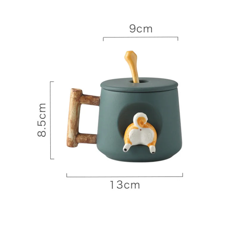 Cute 3D Shiba Inu dog ceramic mug with lid and spoon