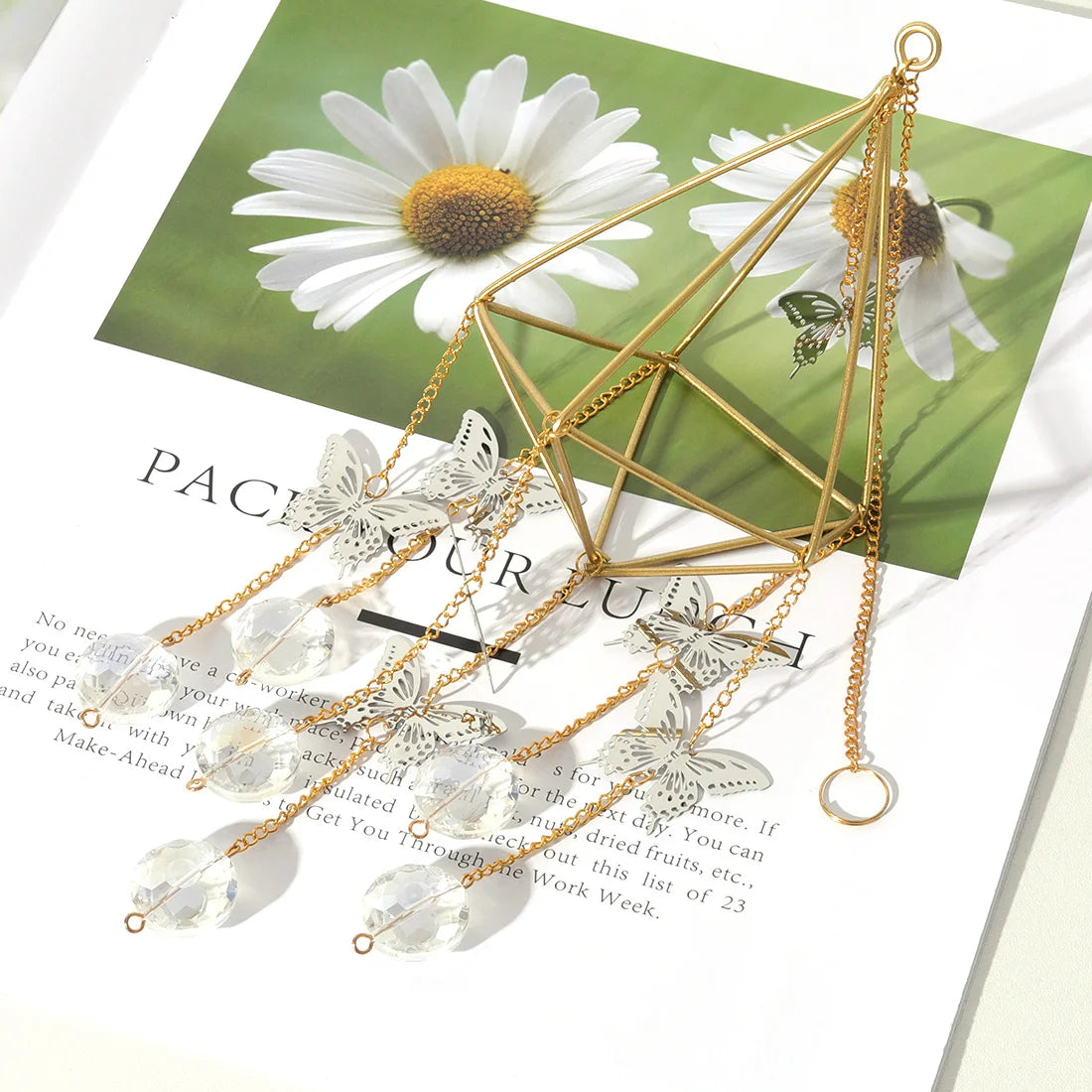 Decorative crystal pyramid with gold chains on a magazine page with daisy flowers in the background