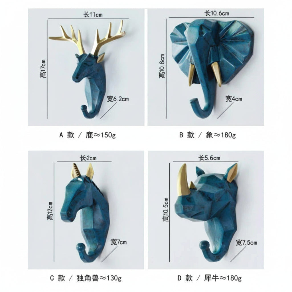 Four blue animal-shaped wall hooks with measurements and weight details on a white background