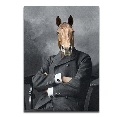 Horse wearing a dark coat against a gray background