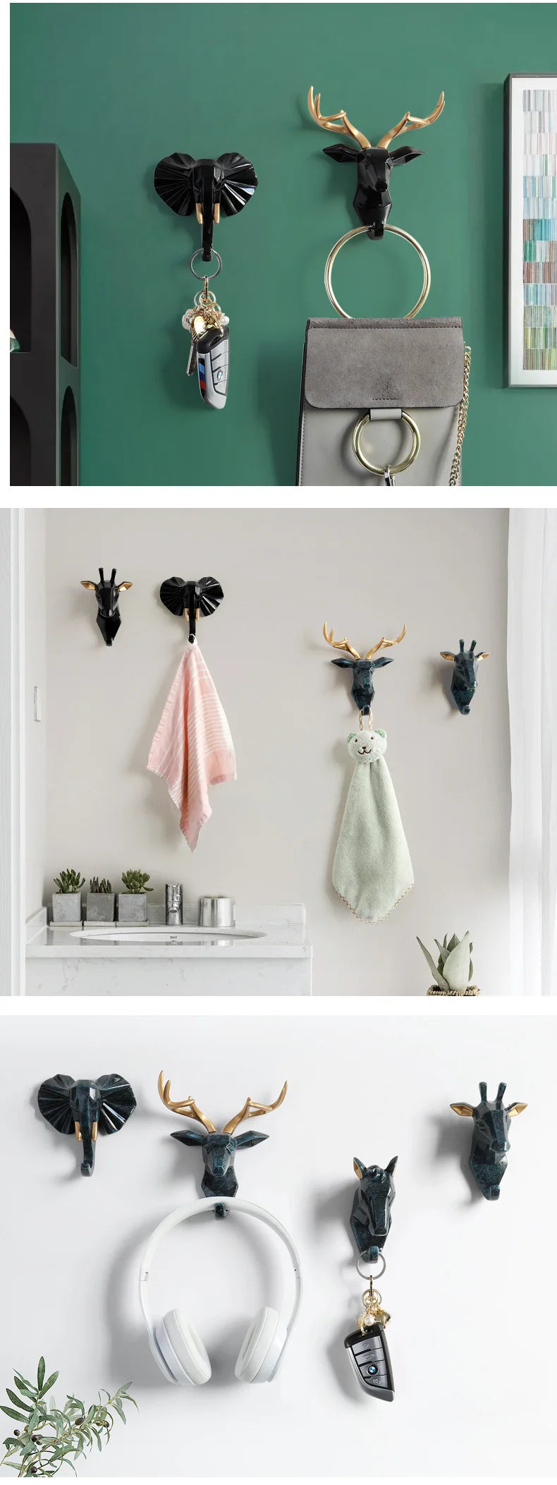 Decorative wall hooks with animal heads on a green and white background