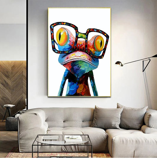 Colorful abstract art piece on a wall above a sofa in a modern living room.