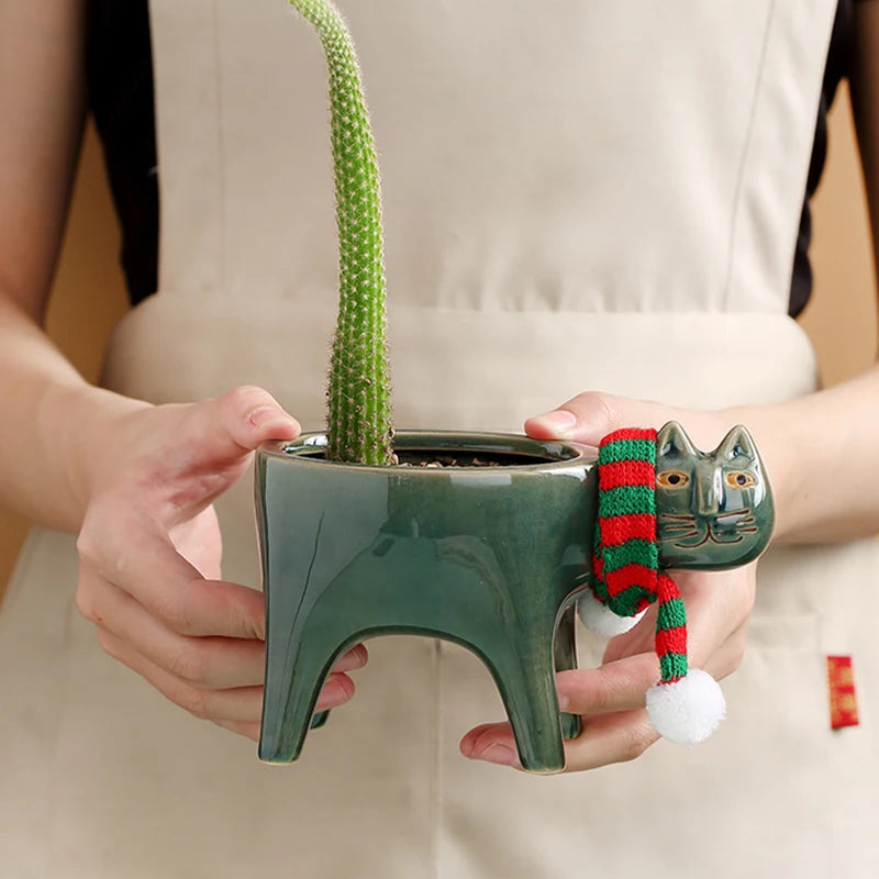 dark green ceramic cat planters displayed with cacti held in hands