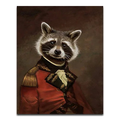 Raccoon character wearing a formal outfit with a brown background