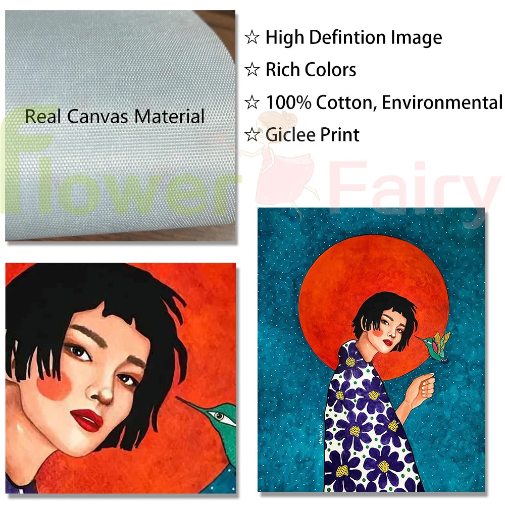 Canvas material with text about high definition, rich colors, 100% cotton, environmental giclee print, and two artistic illustrations.