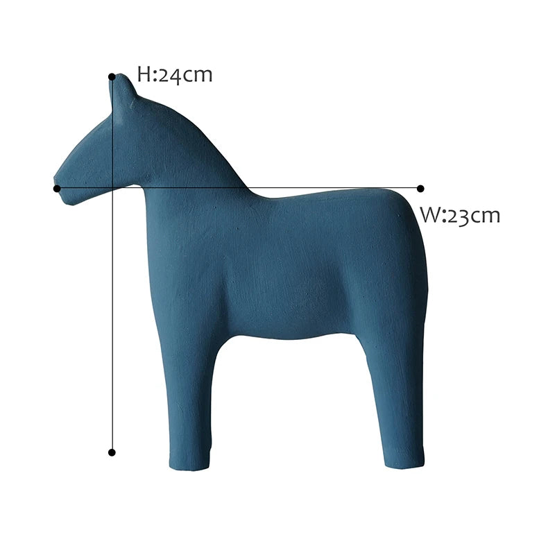 Blue horse-shaped object with measurements on a white background