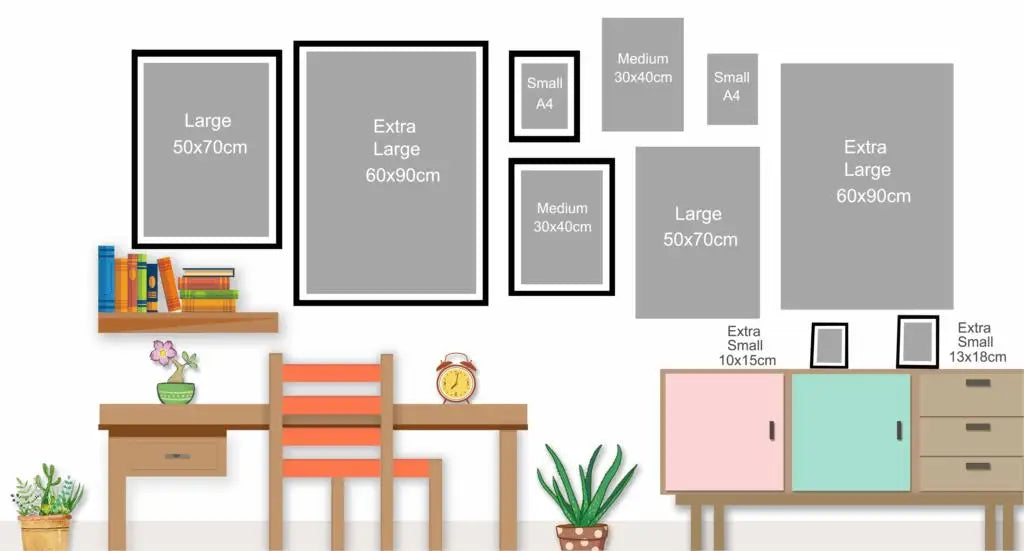 Illustration of a room with furniture and picture frames of different sizes.