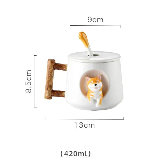 Cute 3D Shiba Inu dog ceramic mug with lid and spoon