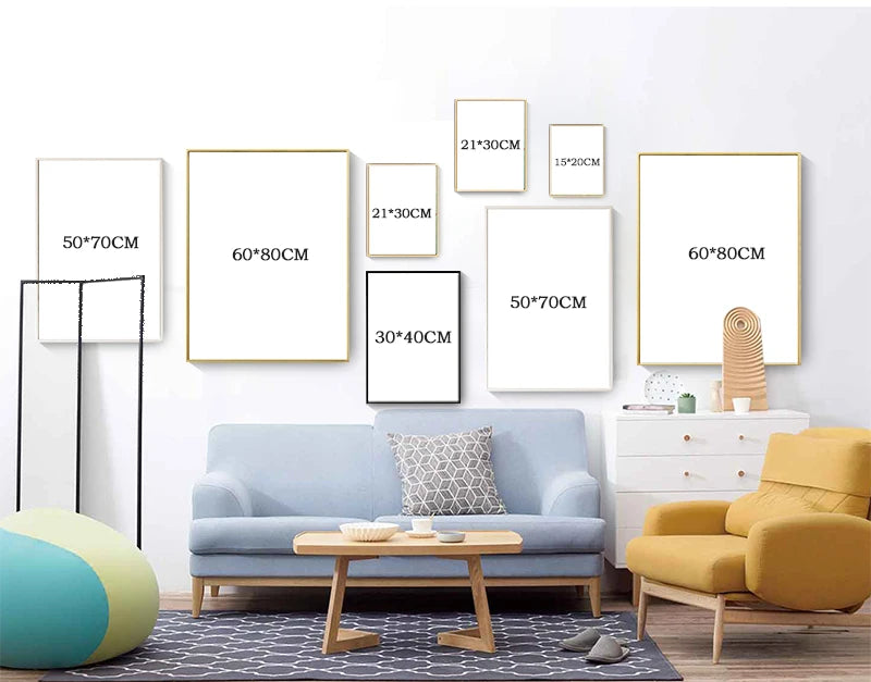 Living room with a blue sofa, yellow armchair, and various wall art pieces.