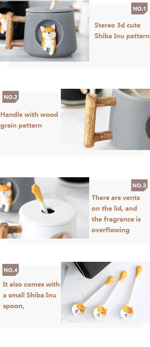 Cute 3D Shiba Inu dog ceramic mug with lid and spoon