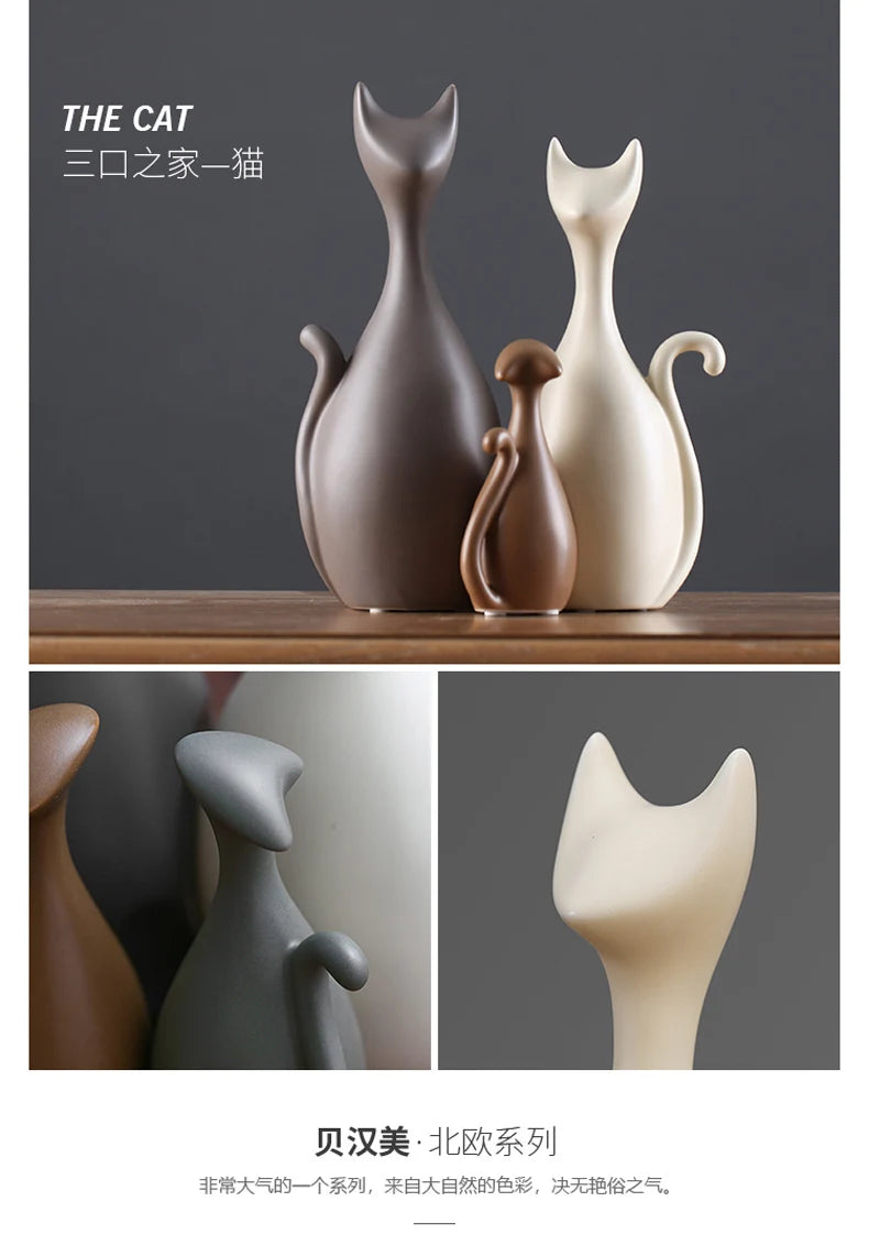 Cat-shaped ceramic figurines on a wooden surface with a dark background