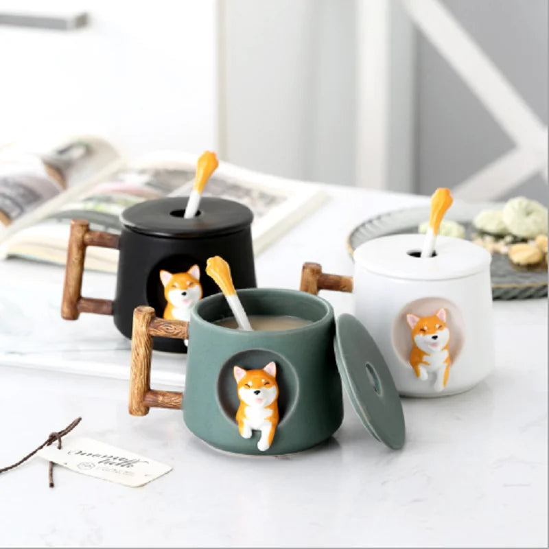 Cute 3D Shiba Inu dog ceramic mug with lid and spoon