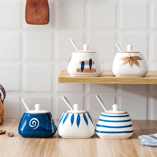 japanese ceramic spice jar with lid and spoon