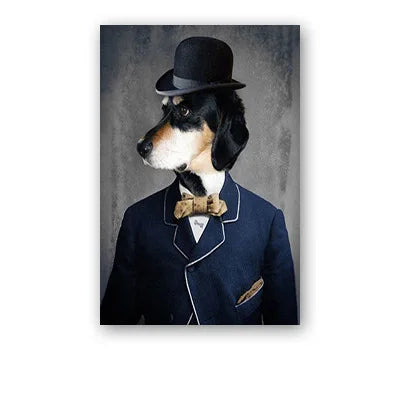 Dog in a suit and top hat against a gray background