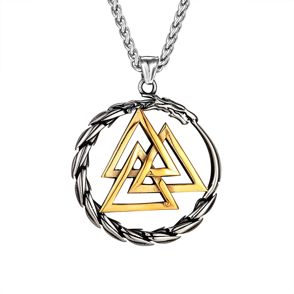 Necklace with a gold and silver Valknut pendant on a white background