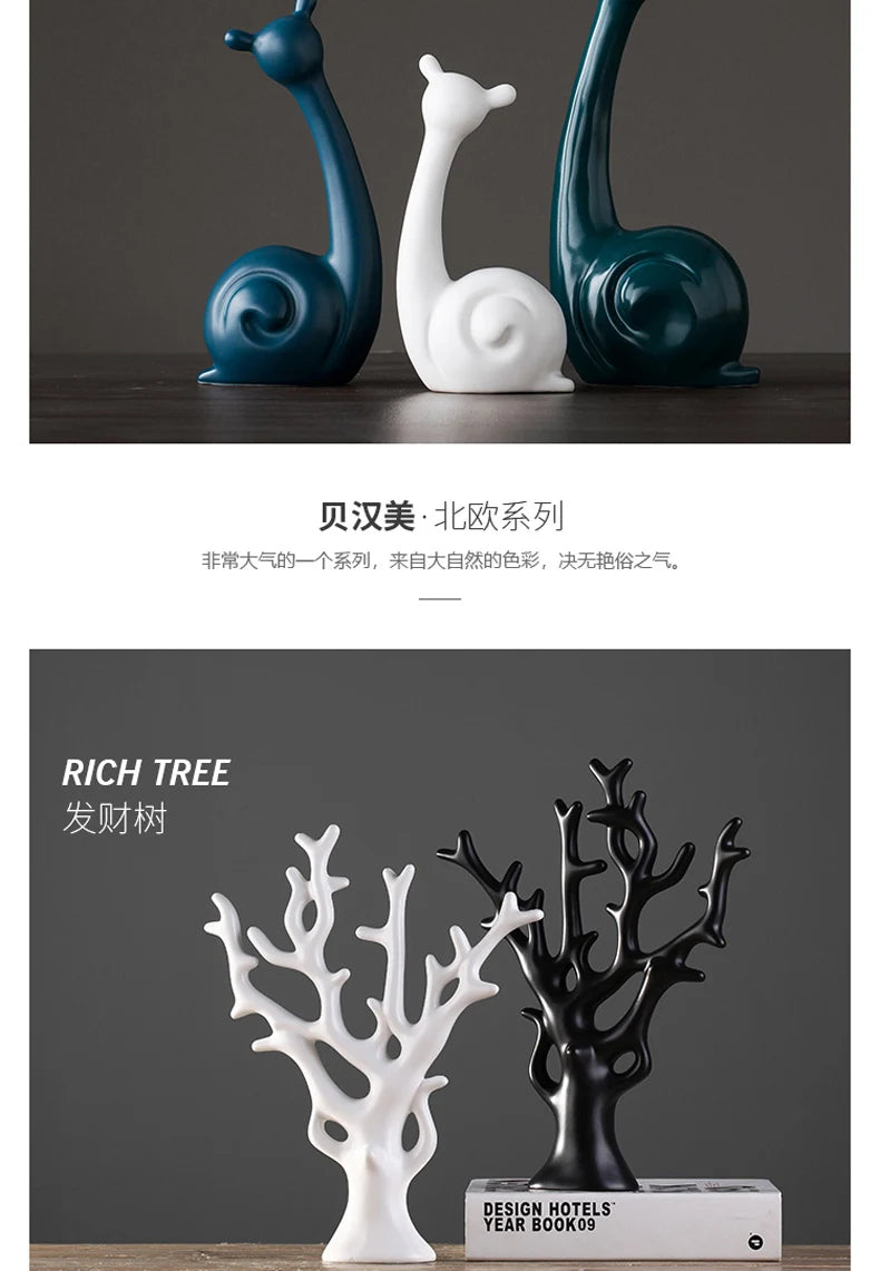 Decorative figurines on a dark surface with text overlay