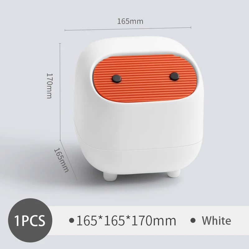White and orange device with dimensions on a light gray background