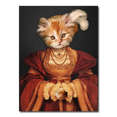 Cat in Renaissance-style clothing with a dark background