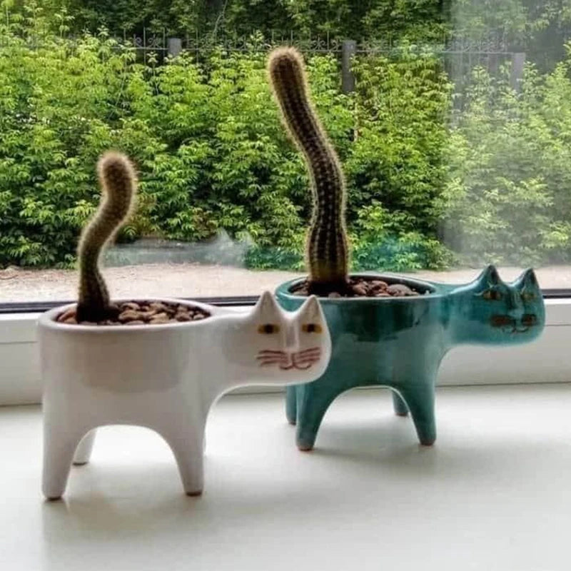 Cream and dark green ceramic cat planters displayed with cacti on a window cil