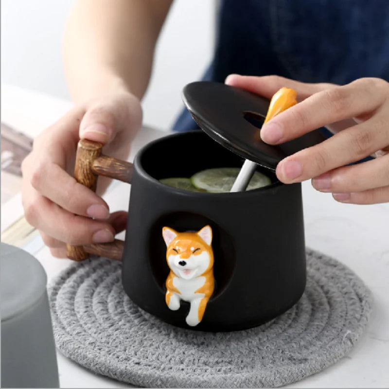 Cute 3D Shiba Inu dog ceramic mug with lid and spoon