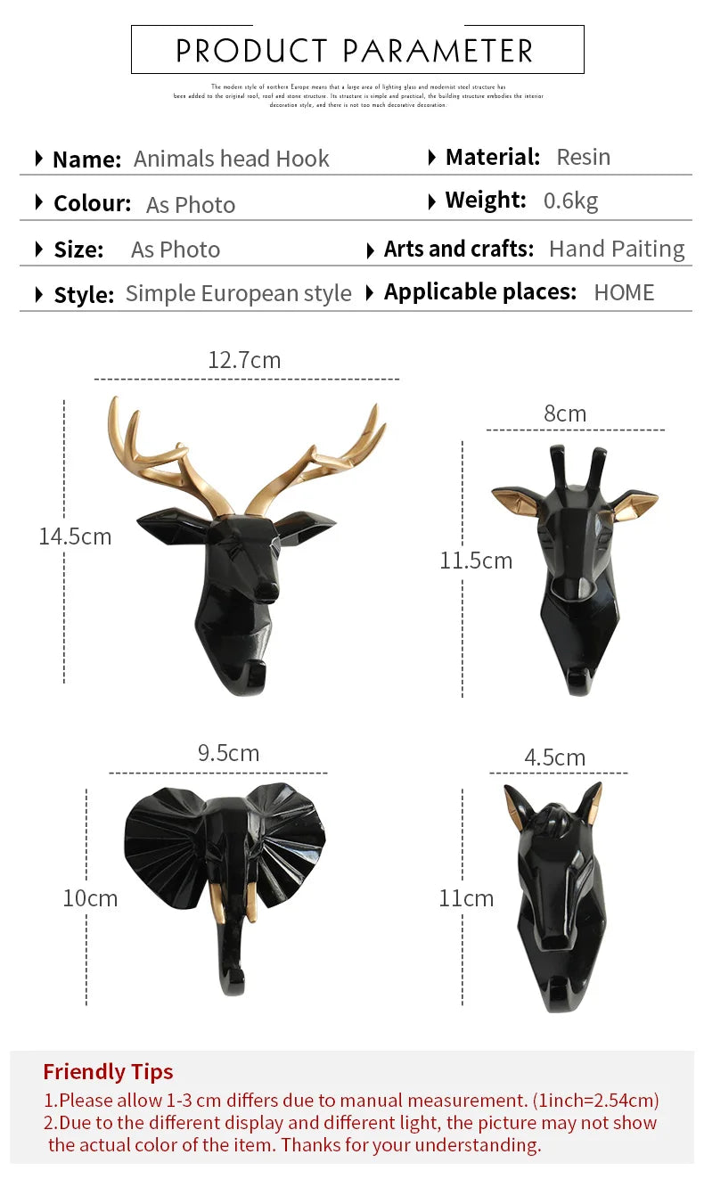 Product parameter card for animal head hooks with dimensions and material details.