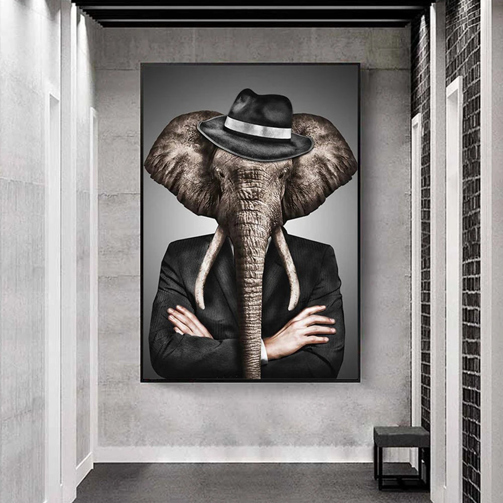 Framed artwork of an elephant wearing a suit and hat in a modern hallway.
