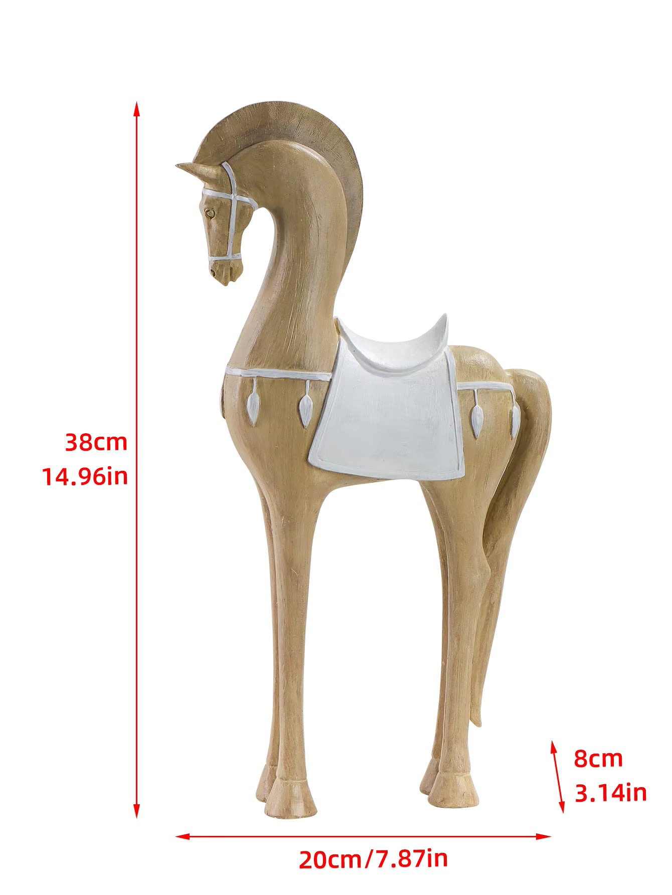 A wooden horse figurine with a white saddle and bridle, shown with red dimension lines and text indicating height of 38cm, width of 20cm, and depth of 8cm on a white background.