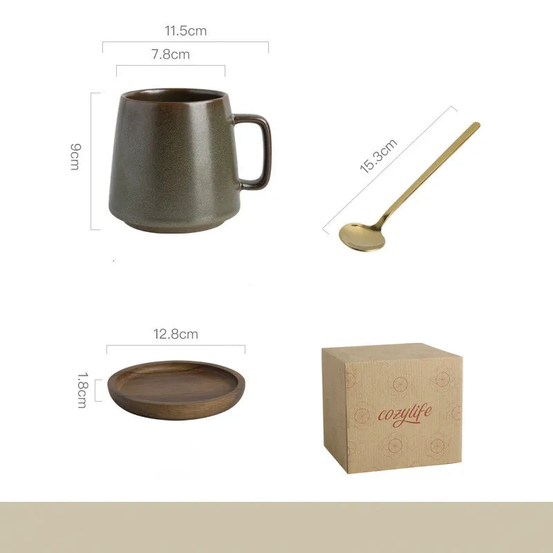 Mug, spoon, small dish, and box with 'cozylife' branding on a white background