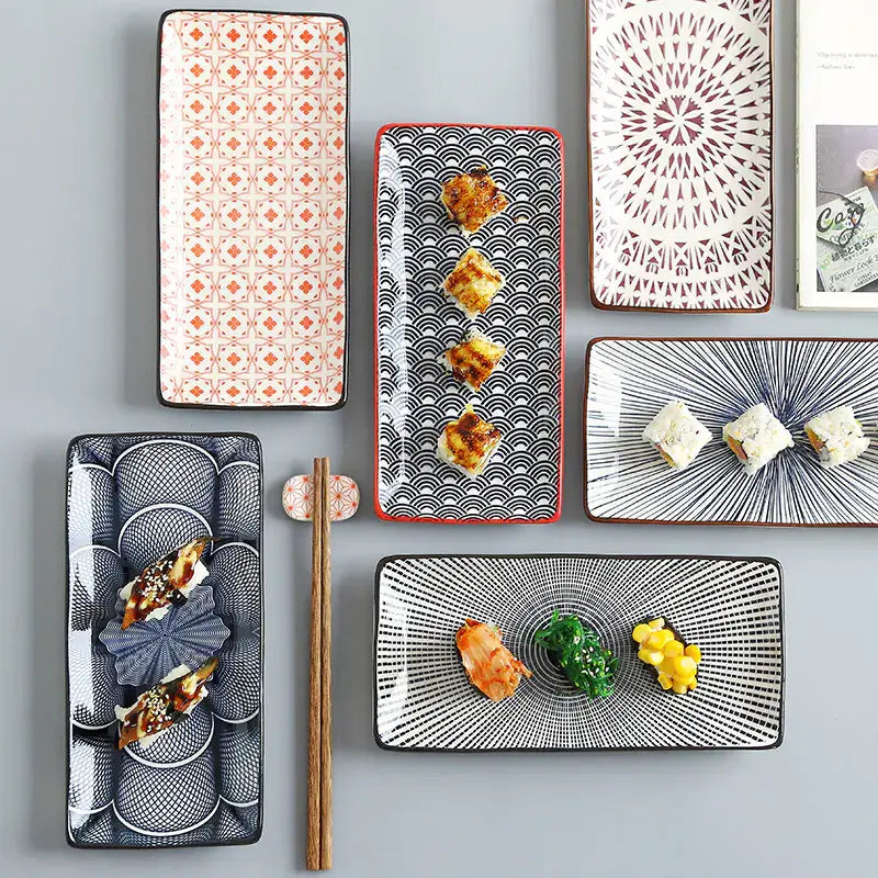 Stylish Nordic Japanese ceramic plates with intricate designs, perfect for serving sushi and snacks.