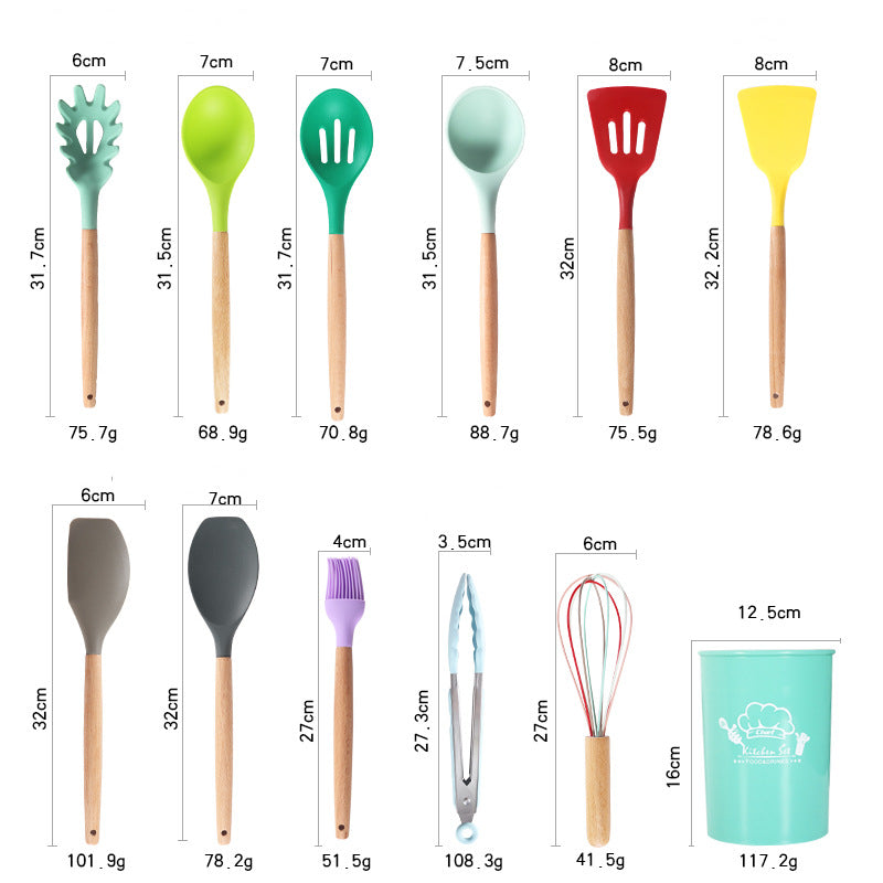 Set of colorful kitchen utensils with measurements on a white background