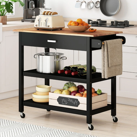 Black kitchen cart with wooden top in a kitchen setting