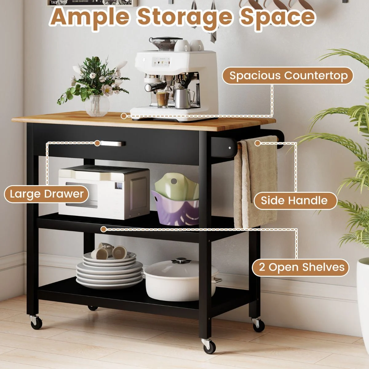Black kitchen cart with storage compartments and appliances on a wooden floor.