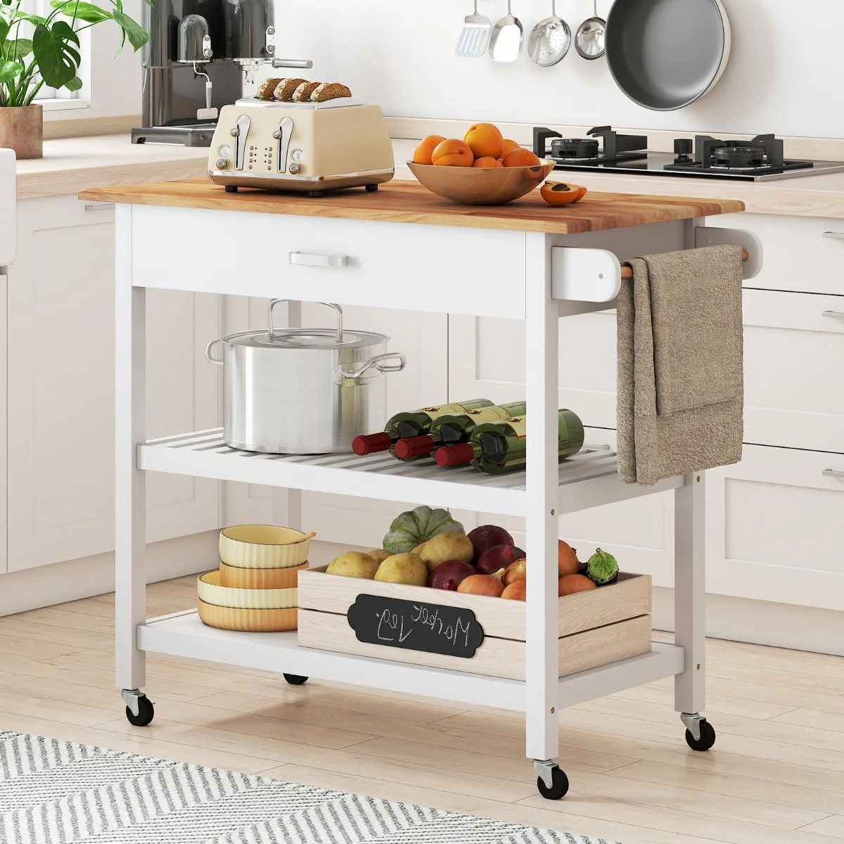 Kitchen cart with wooden top and white shelves filled with kitchen items in a modern kitchen.
