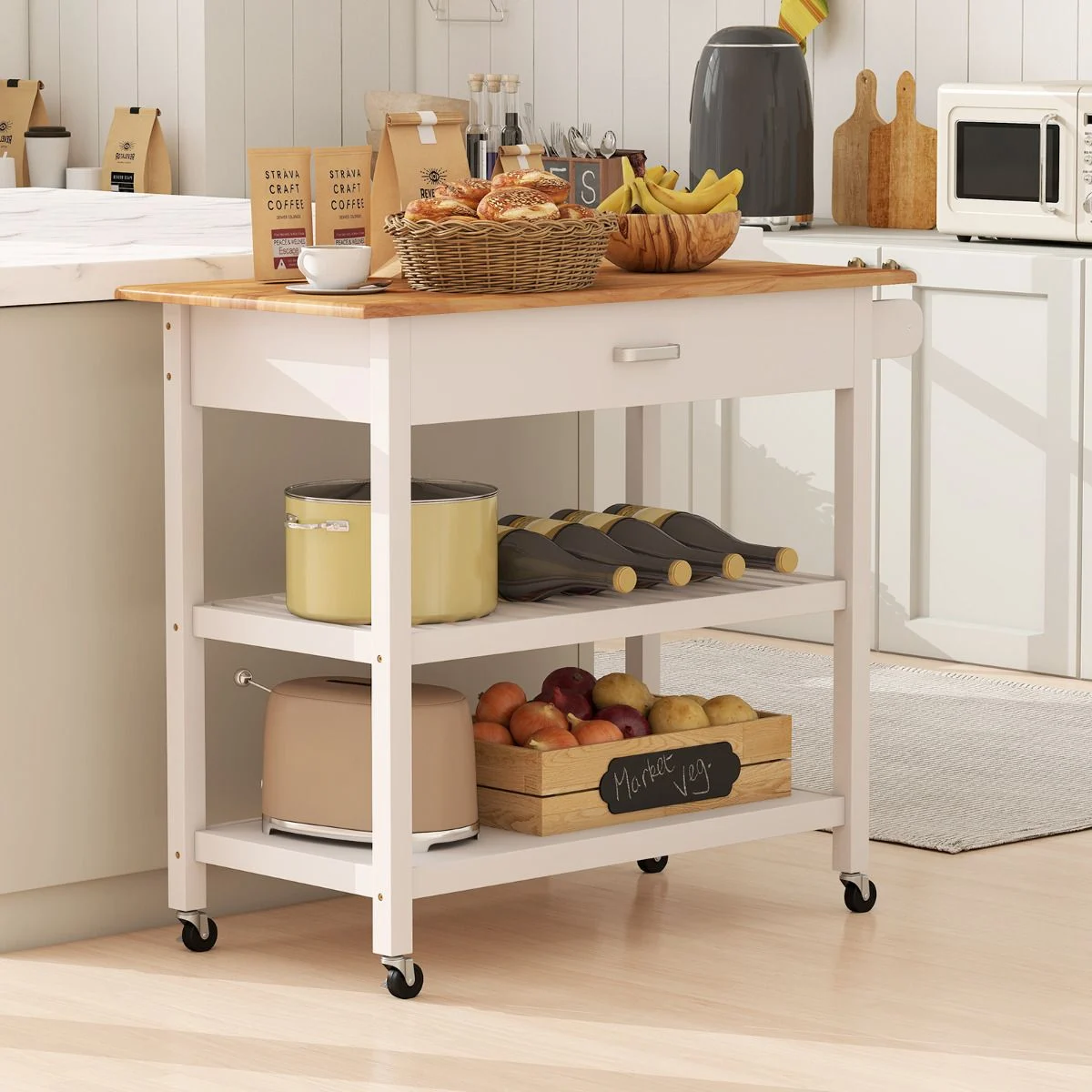 Kitchen island with wooden top and shelves, surrounded by kitchen items.