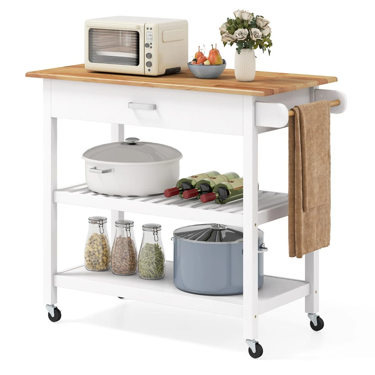 Kitchen island cart with appliances and items on a white background