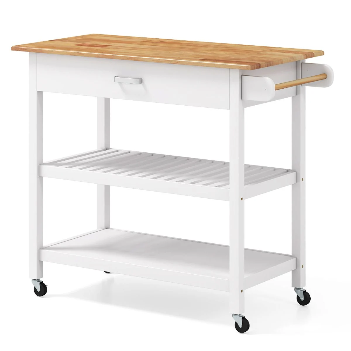 White kitchen cart with wooden top on a white background
